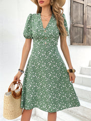Floral Print Button V Neck Dress