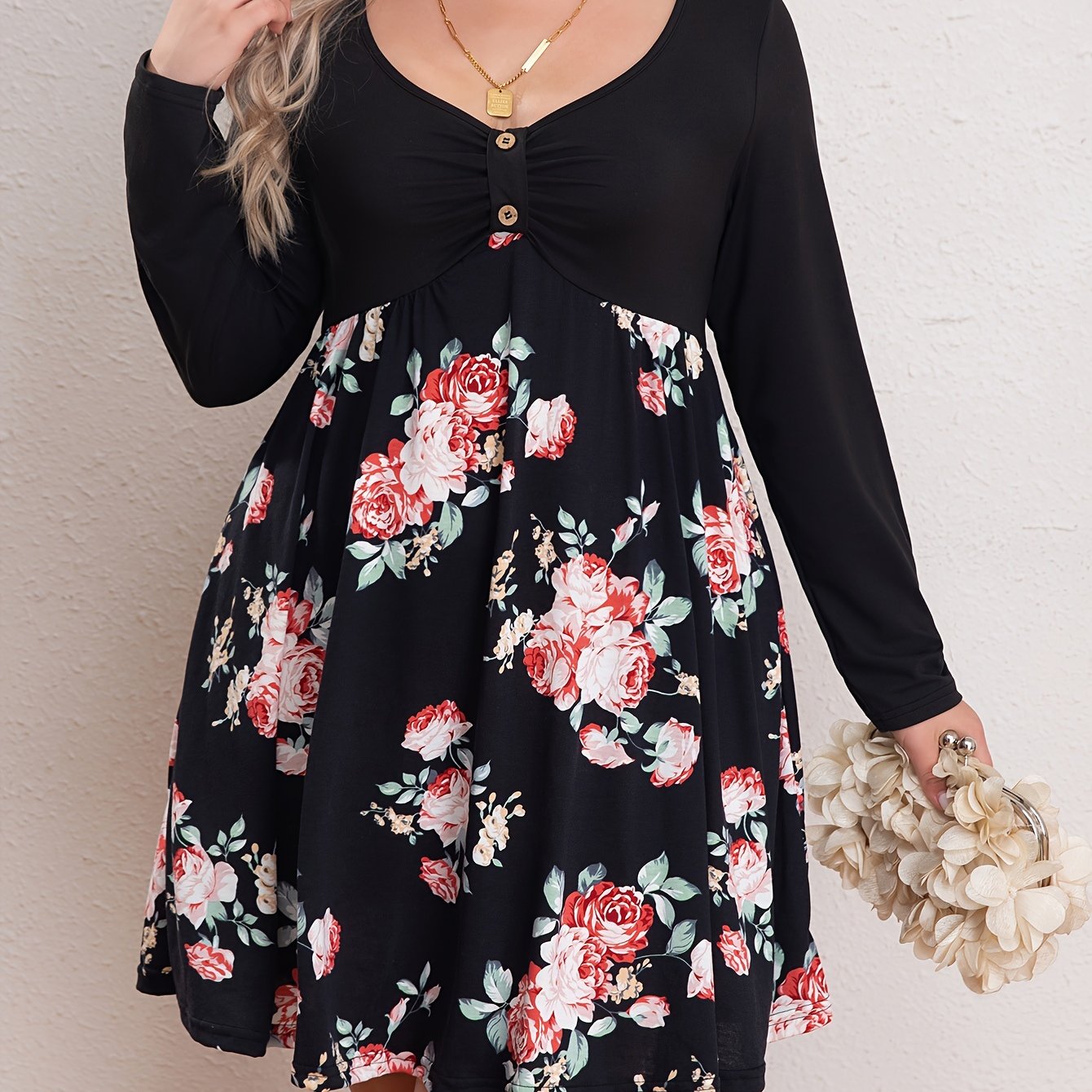  Colorblock Floral Print V Neck Dress