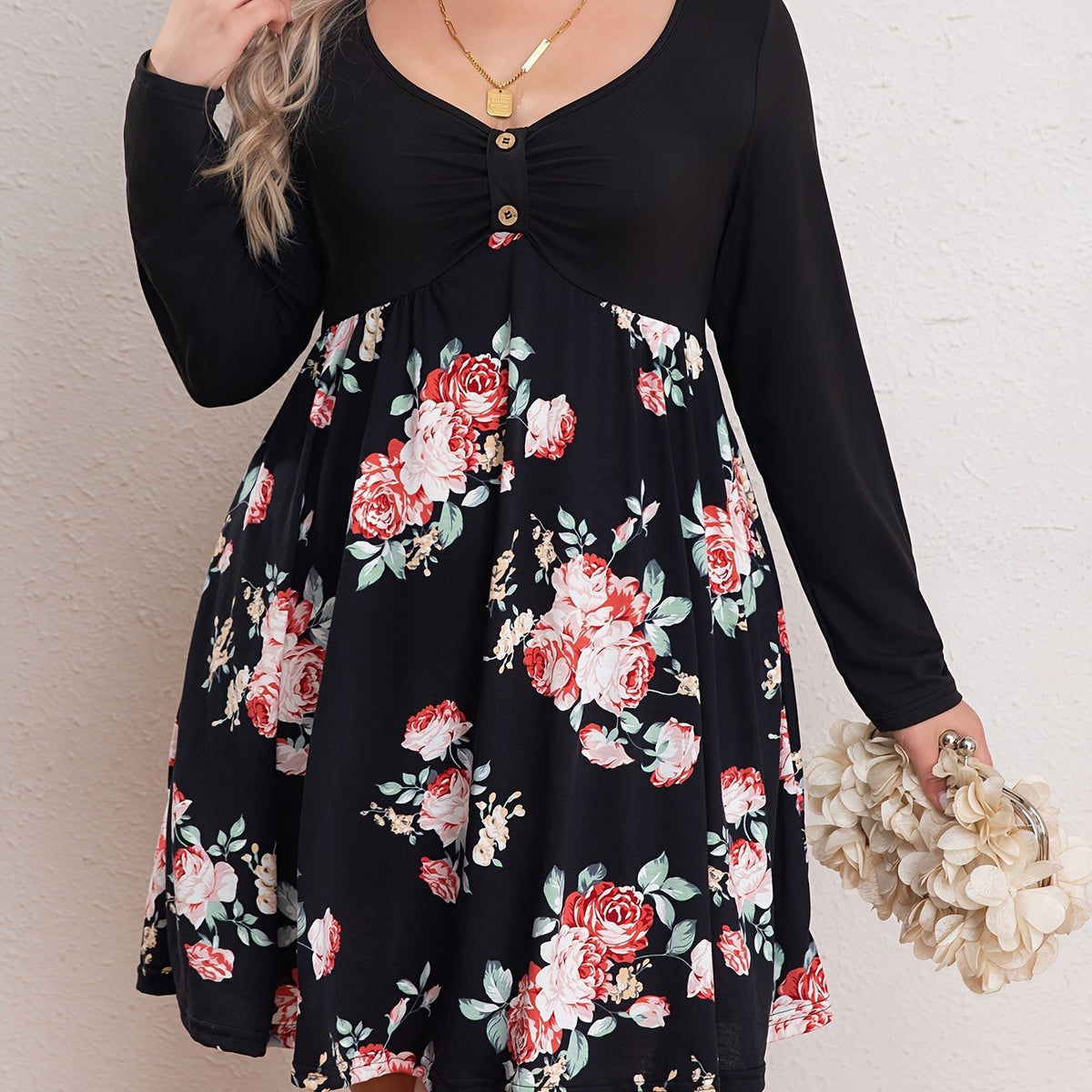  Colorblock Floral Print V Neck Dress