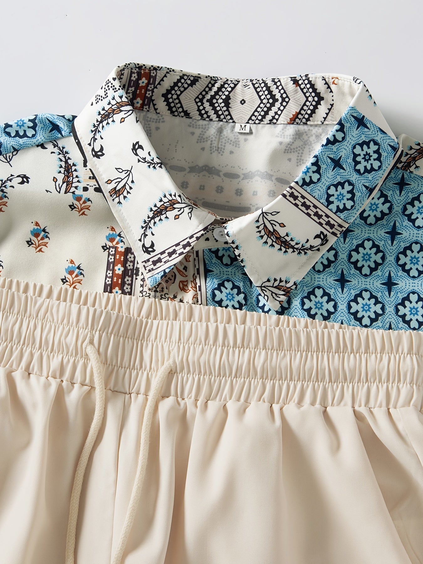 Men's Tribal Pattern Shirt & Solid Shorts Set For Outdoor Summer