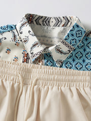 Men's Tribal Pattern Shirt & Solid Shorts Set For Outdoor Summer