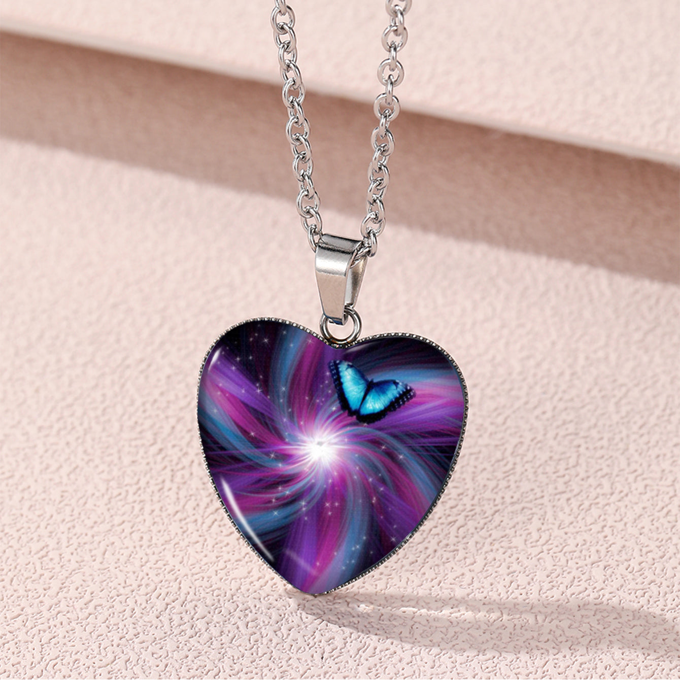 Butterfly Pattern Drop Necklace With Heart Shape Glass Pendant Neck Chain