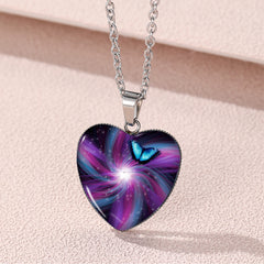 Butterfly Pattern Drop Necklace With Heart Shape Glass Pendant Neck Chain
