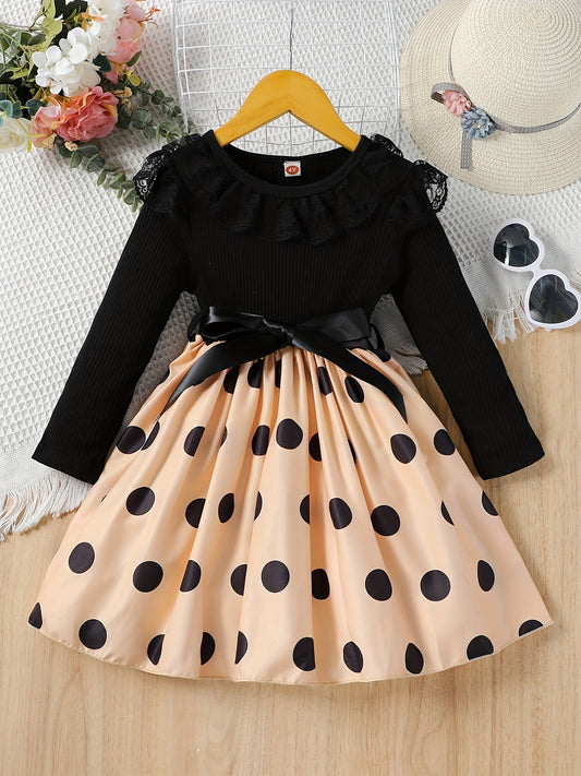 Toddler Girls Polka Dot Lace Trim Princess Dress For Party Beach Vacation