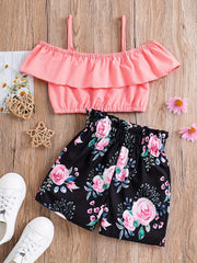 Toddler Girls Cold Shoulder Crop Top & Floral Shorts Set