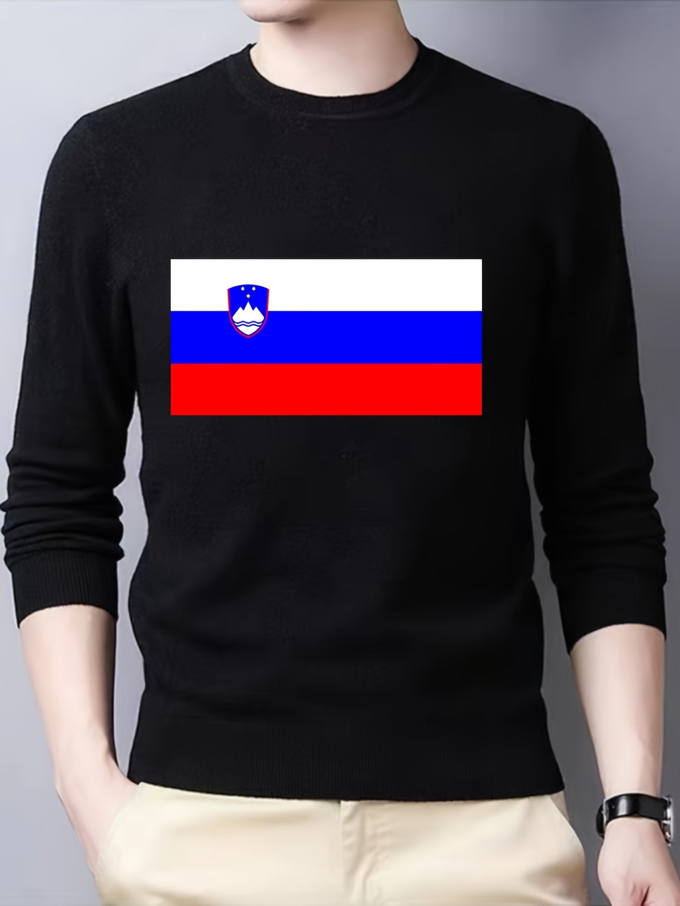 Slovenian Flag Print Men's Knitted Sweater Slim Fit Crew Neck Tops