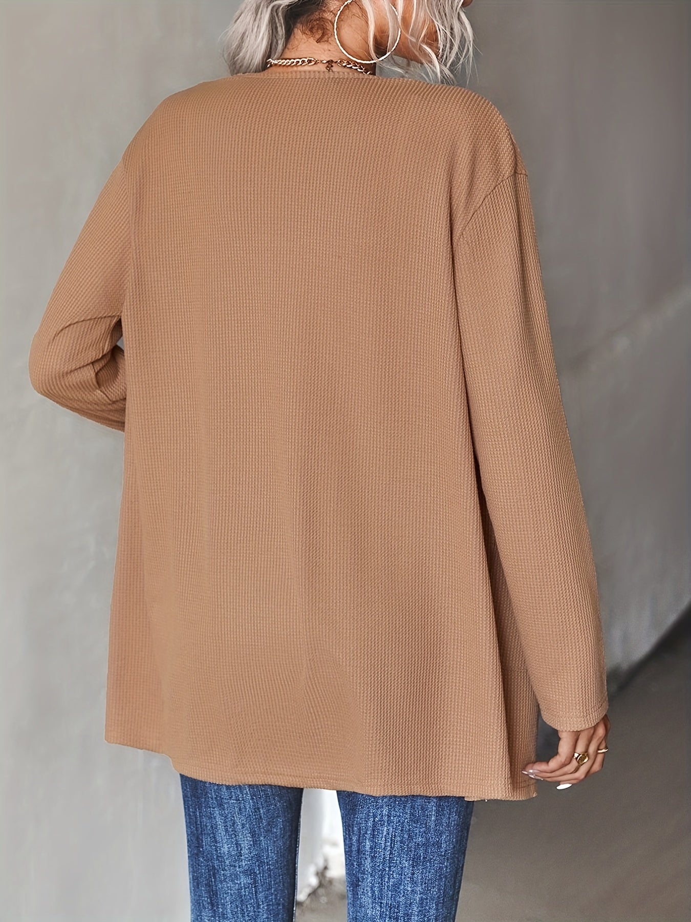 Textured Open Front Cardigan Dual Pockets Long Sleeve Cardigan