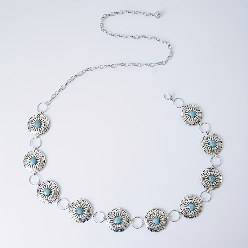 Vintage Silvery Turquoise Waist Chain with Tassel, Bohemian Belly Belt