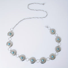 Vintage Silvery Turquoise Waist Chain with Tassel, Bohemian Belly Belt