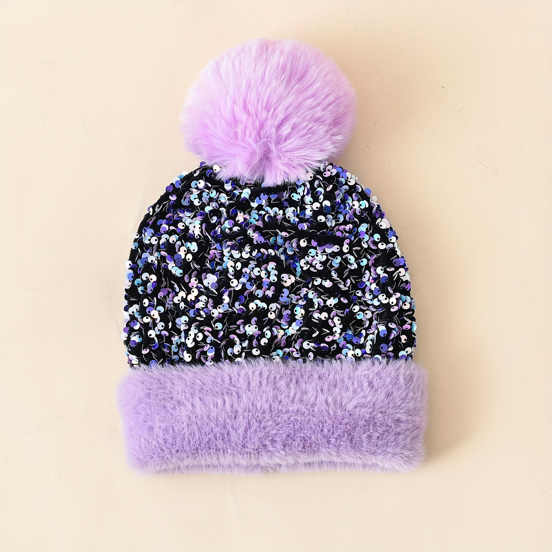 Sequins Pompom Decor Beanie Thick Warm Knit Hat Plush Coldproof Knit Beanie