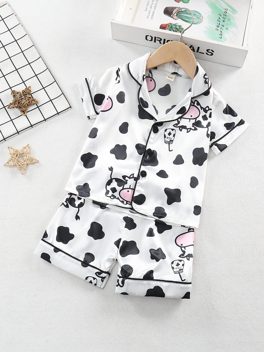 Toddler Girl's Cow Pajamas Set Cute Button Top & Shorts PJ Lounge Wear