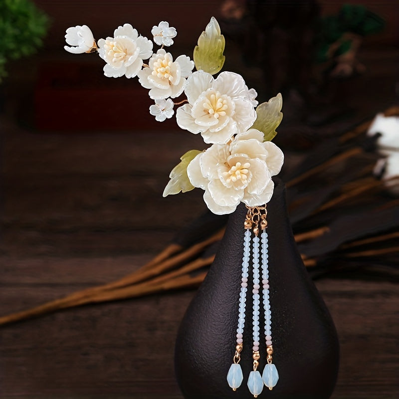 Chinese Style Flower Hair Clip With Beaded Tassel