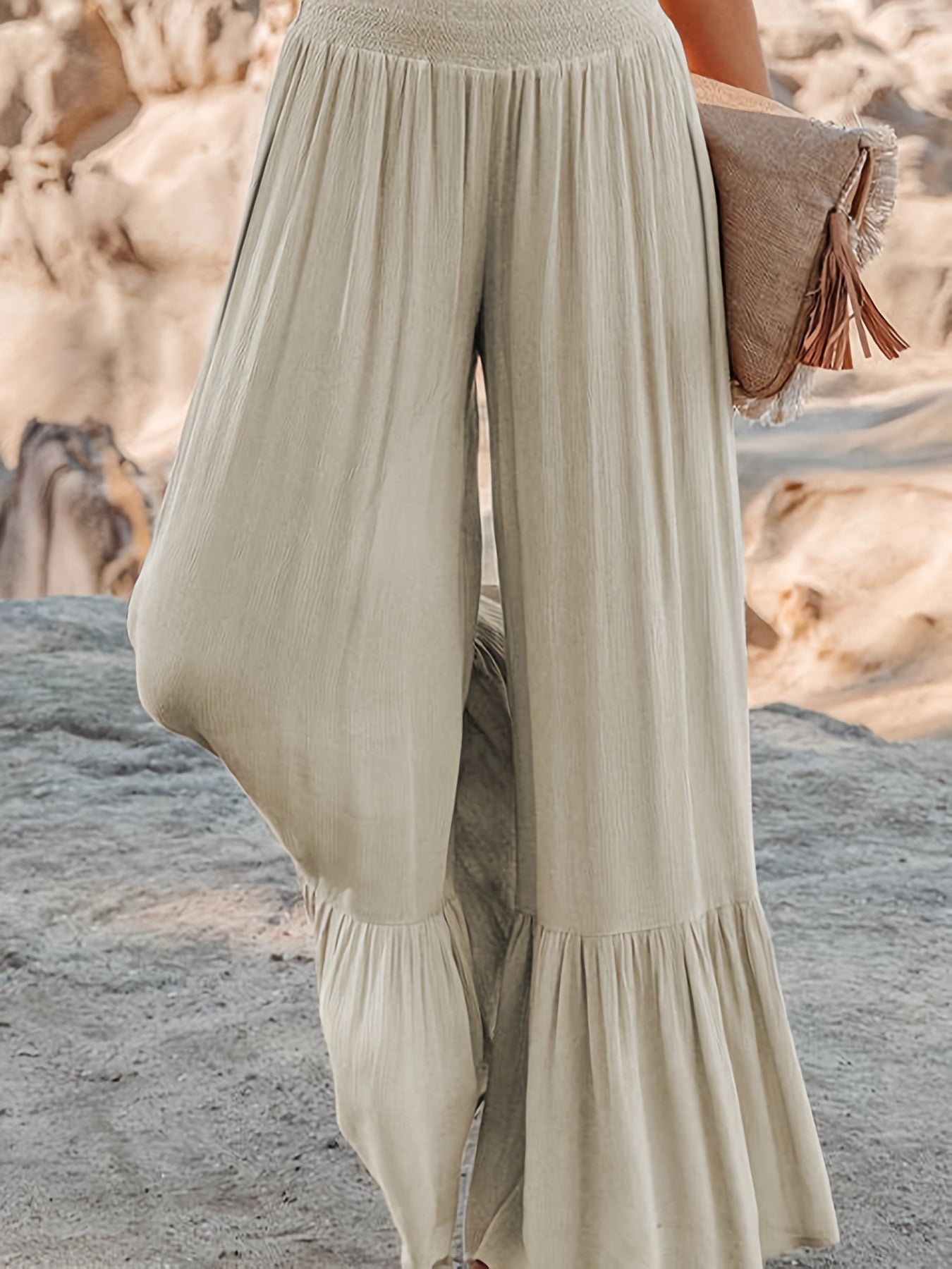  Solid Elastic Waist High Rise Wide Leg Trousers