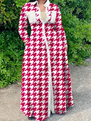  Colorblock Houndstooth Print Button Up Long Sleeve Shirt Dress