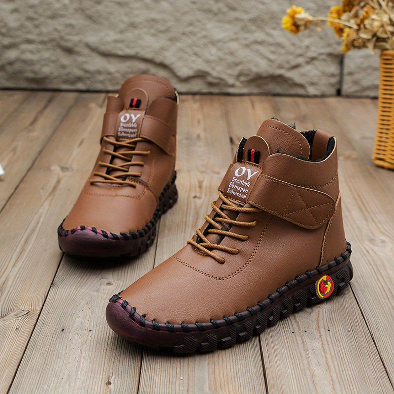 Women's Lace Up Faux Leather Boots Plush Lined Stylish Hook & Loop