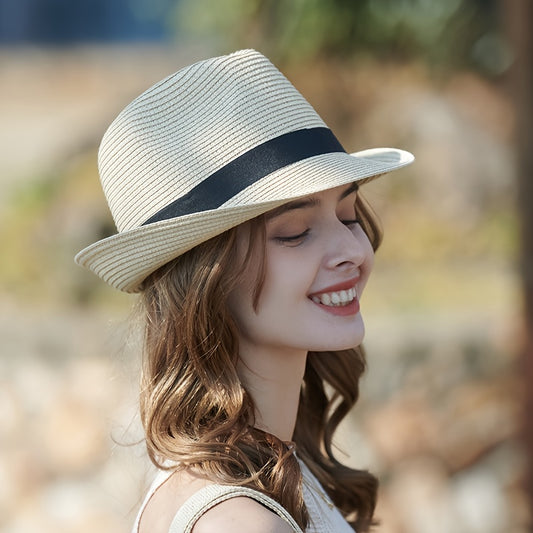 Women's Khaki Straw Fedora Sun Hat