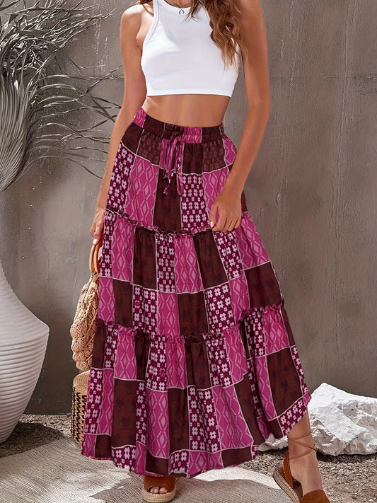 Boho Colorblock Drawstring Skirt for Women