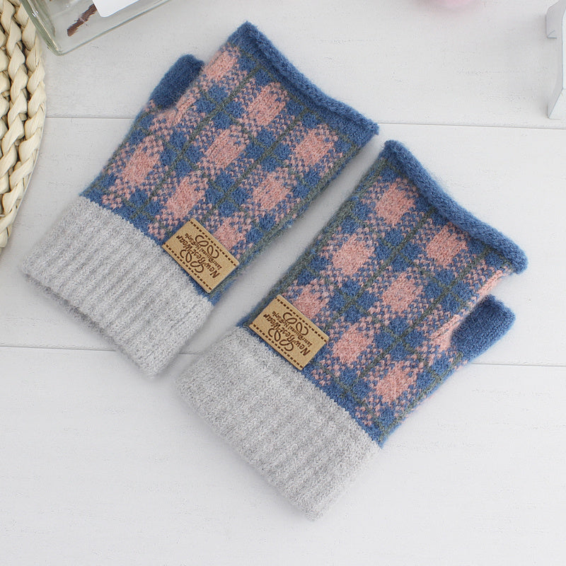 Women's Plaid Striped Woolen Half Finger Gloves