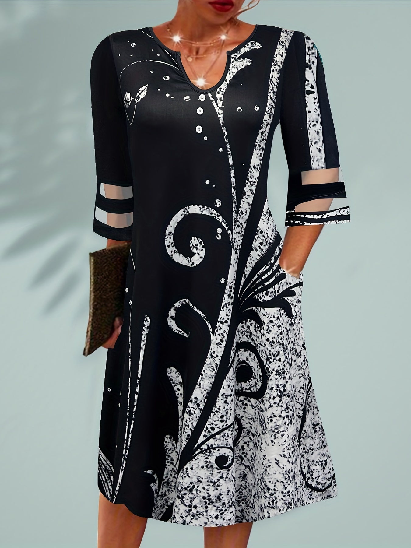  Boho Dress Women's Plus Colorblock Floral Print Mesh Half Sle