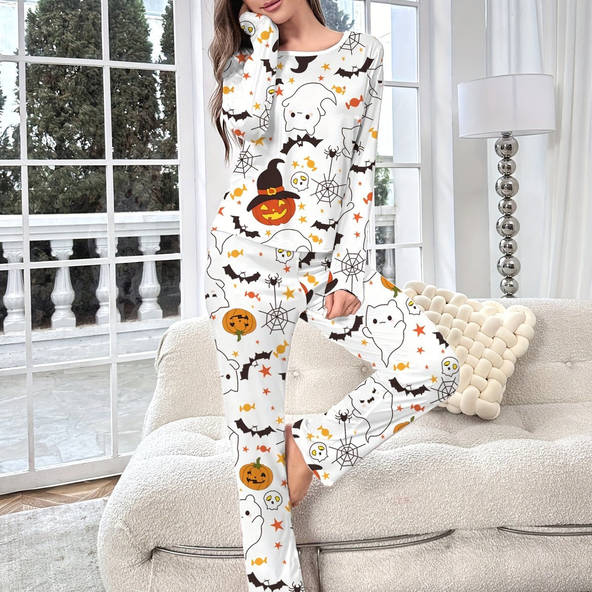 Halloween Pumpkin Print Pajama Set Long Sleeve Crew Neck Top & Pants Sleepwear