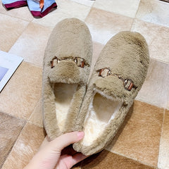 Women's Metal Decor Flat Loafers Plush Lined Shoes