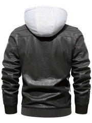 Men's PU Leather Hooded Jacket for Outdoor Cycling