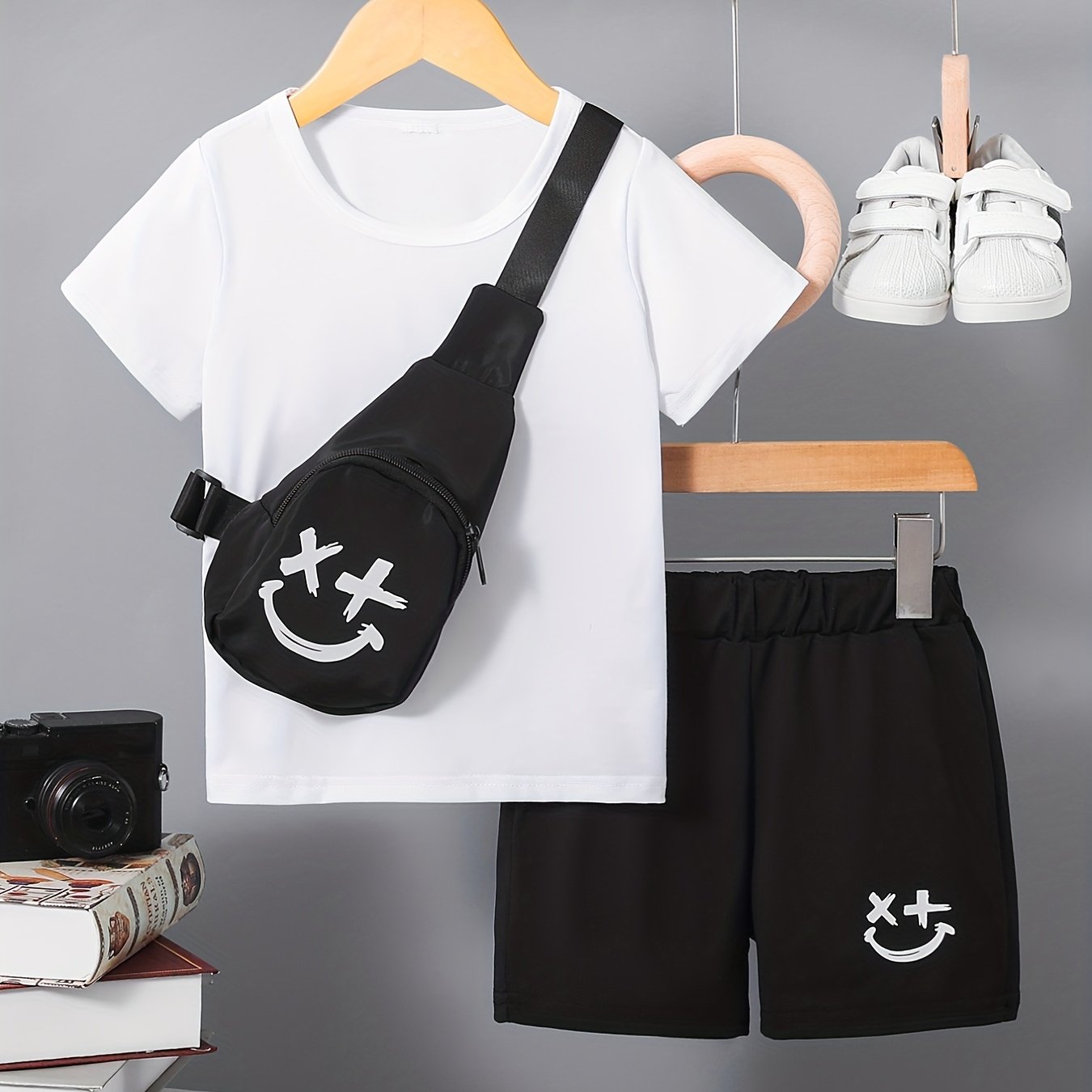 3pcs Boys Casual Short Sleeve T shirt & Shorts Set + Crossbody Bag