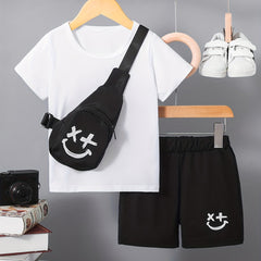 3pcs Boys Casual Short Sleeve T shirt & Shorts Set + Crossbody Bag