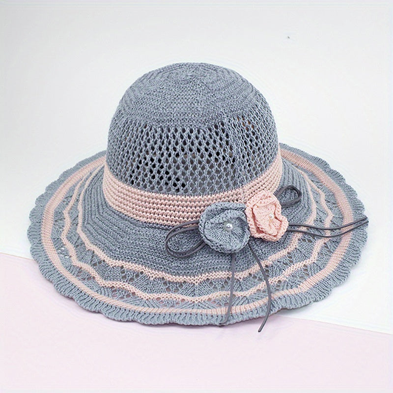Knitted Bucket Hat Hollow Breathable Sunscreen Beach Hats Wide Brim