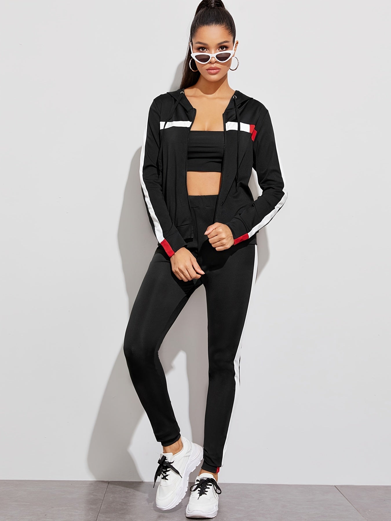 2pc Set Zip Up Hoodies & High Waist Side Striped Sweatpants