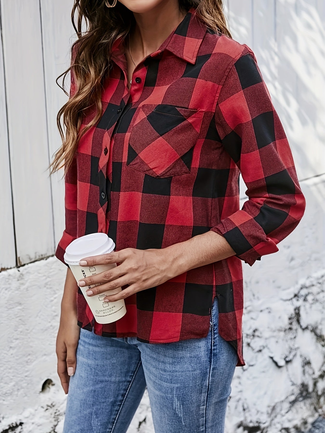  Plaid Print Long Sleeve Button Up Collar Shirt Top