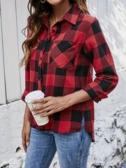  Plaid Print Long Sleeve Button Up Collar Shirt Top
