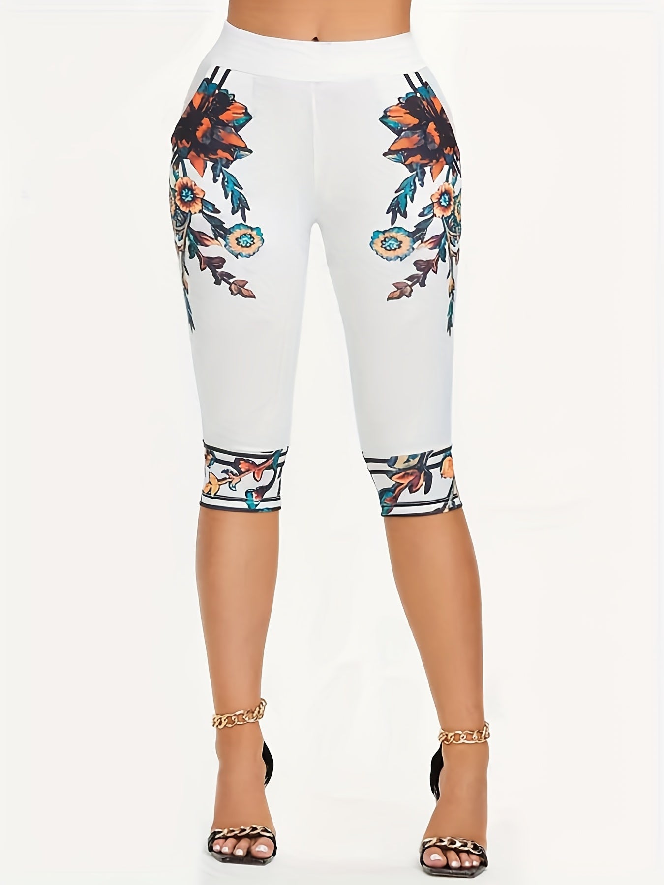 Floral Print Skinny Capris Leggings for Spring & Summer