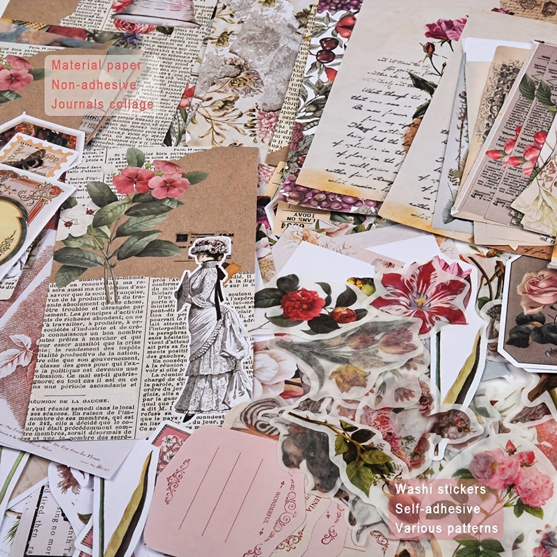 200pcs Vintage Scrapbook Material Journaling Paper Stickers