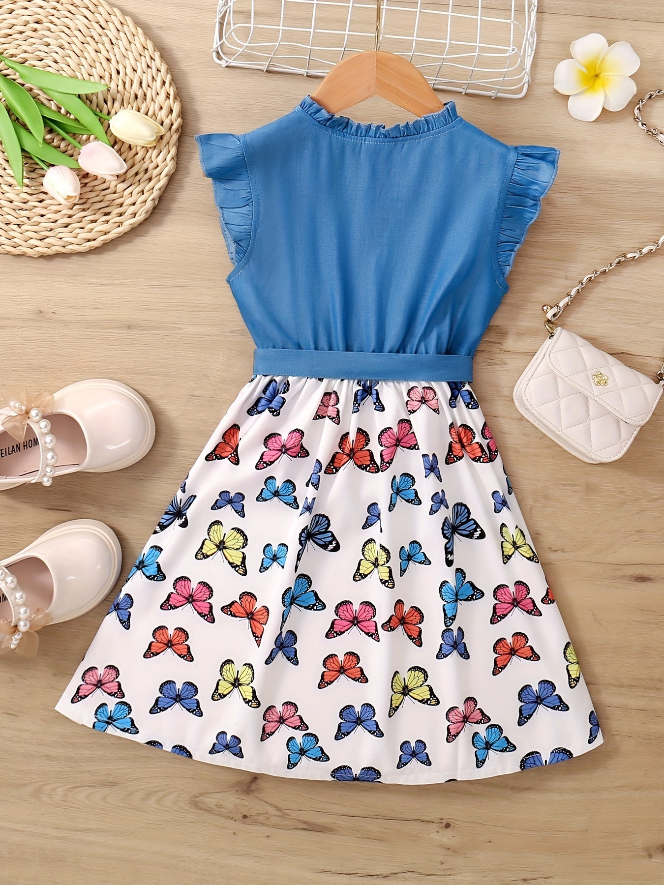 Girls Sleeveless Ruffle Denim Leopard Print Princess Dress