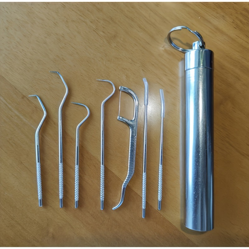 Stainless Steel Toothpick Dental Floss Set With Storage Tube
