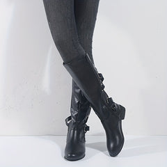 Women's Flat Knee High Boots Back Lace Up Cross Strap Side Zipper Long Boots
