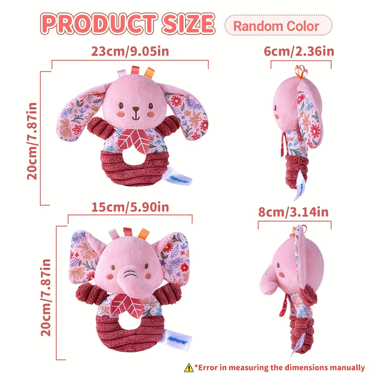 Soft Plush Elephant & Rabbit Rattle Toys Pink Floral Pattern Hand Shakers