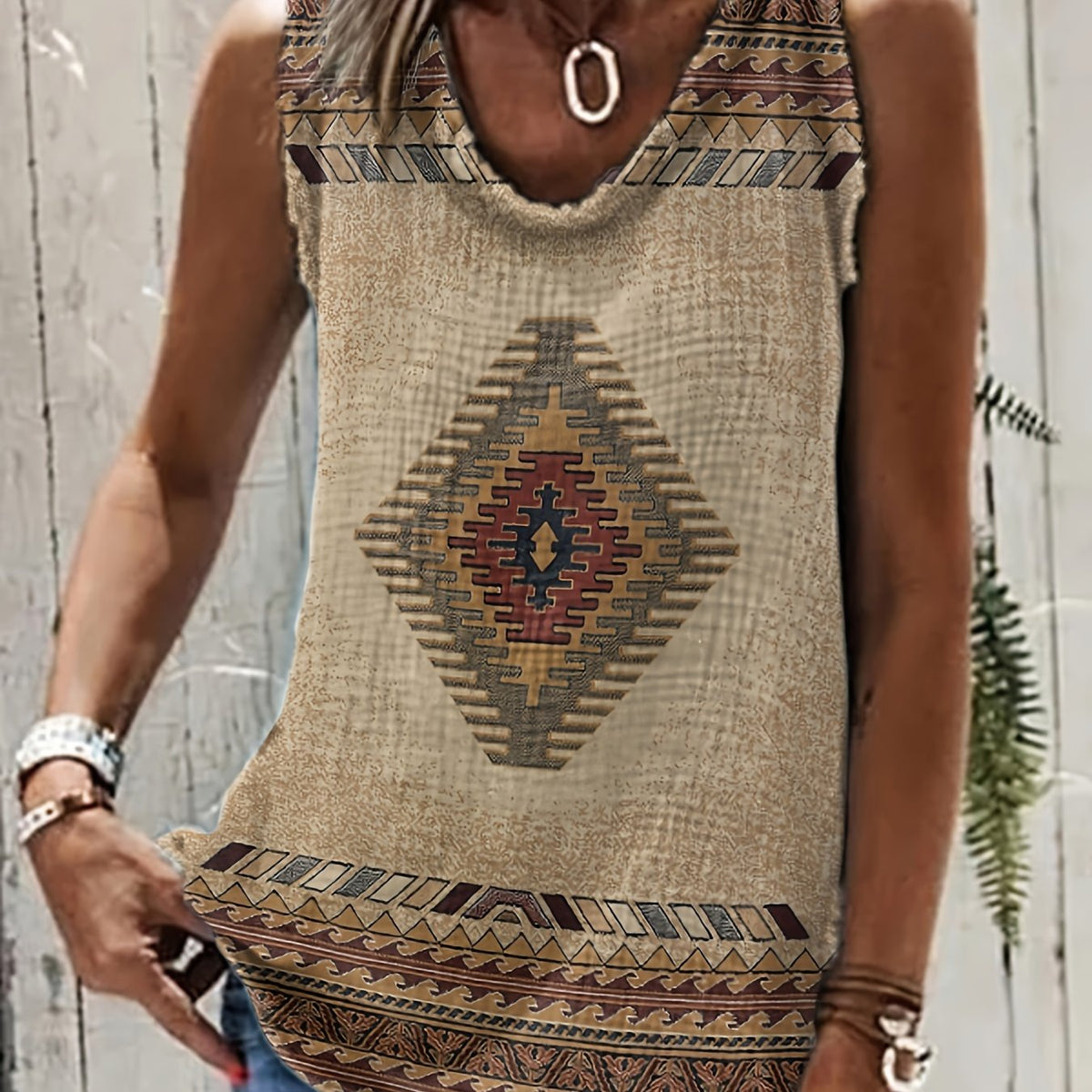 Geo Print Crew Neck Tank Top Women's Sleeveless Summer Top
