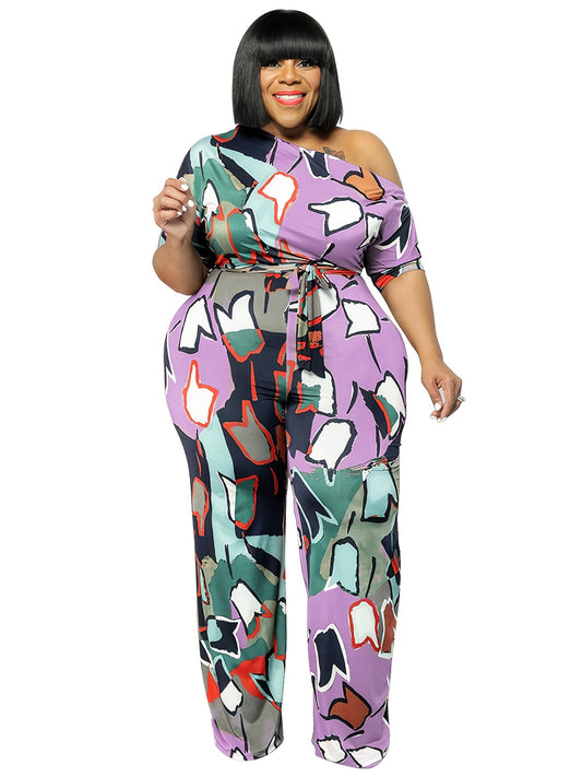  Graphic Print One Off Shoulder Jumpsuit
