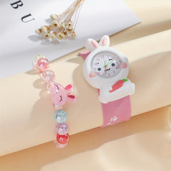 Girls Pink Rabbit Watch Set with Puff  Quartz