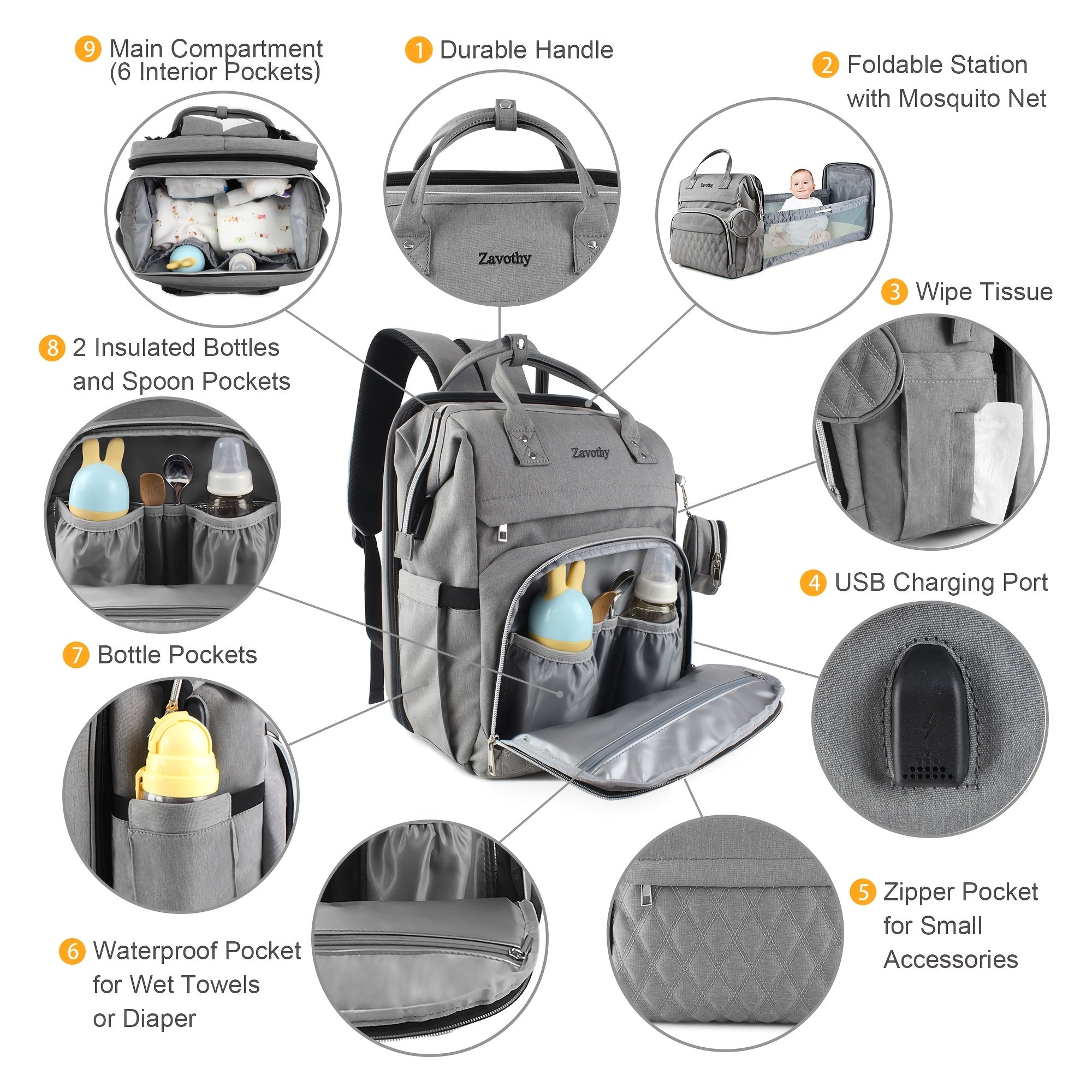 Multifunctional Backpack with Foldable Crib & USB Port