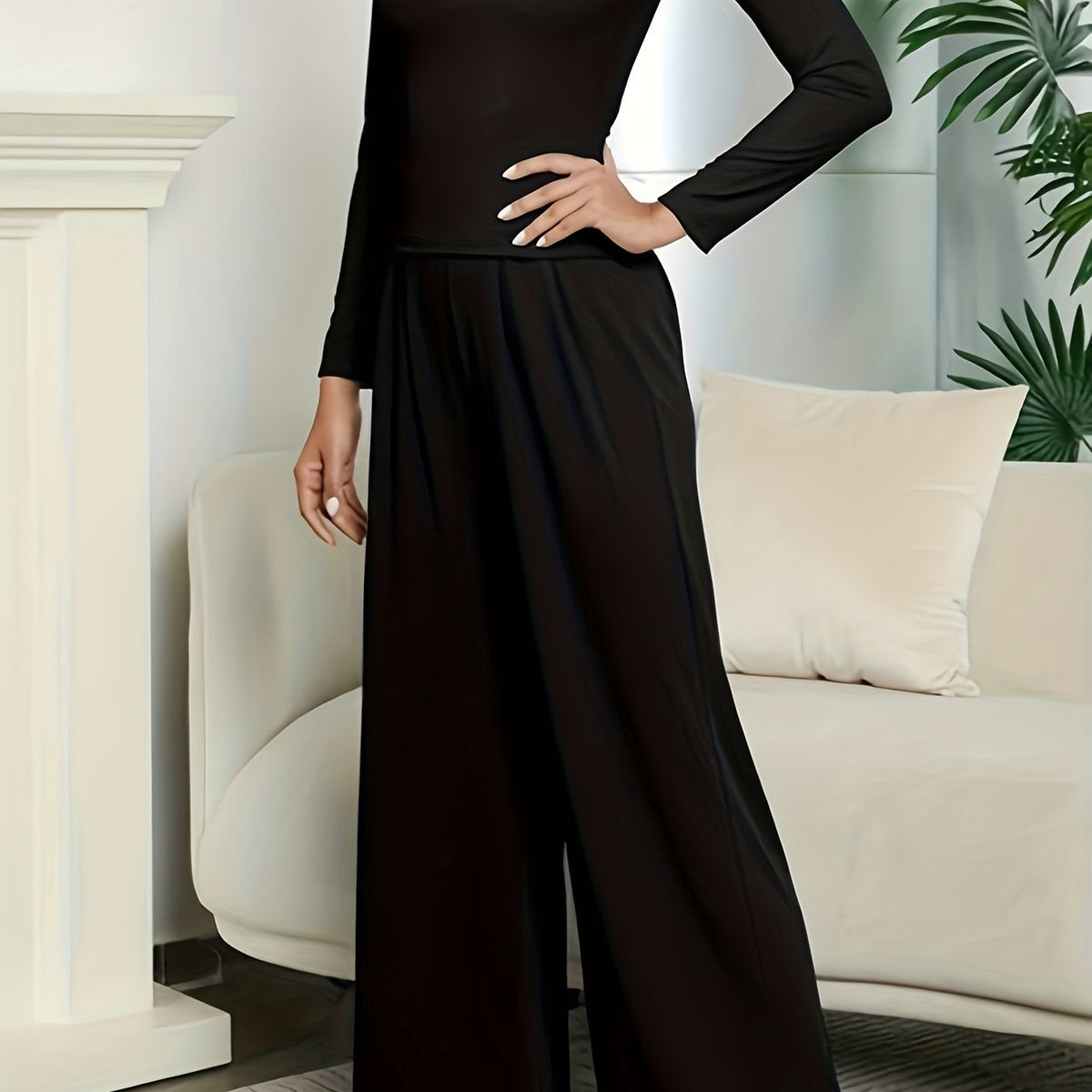 Lounge Solid 2pc Set Slim Long Sleeve T shirt & Wide Leg Pants