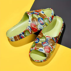 Men's Retro Bottle Cap Print Platform Slide Sandals