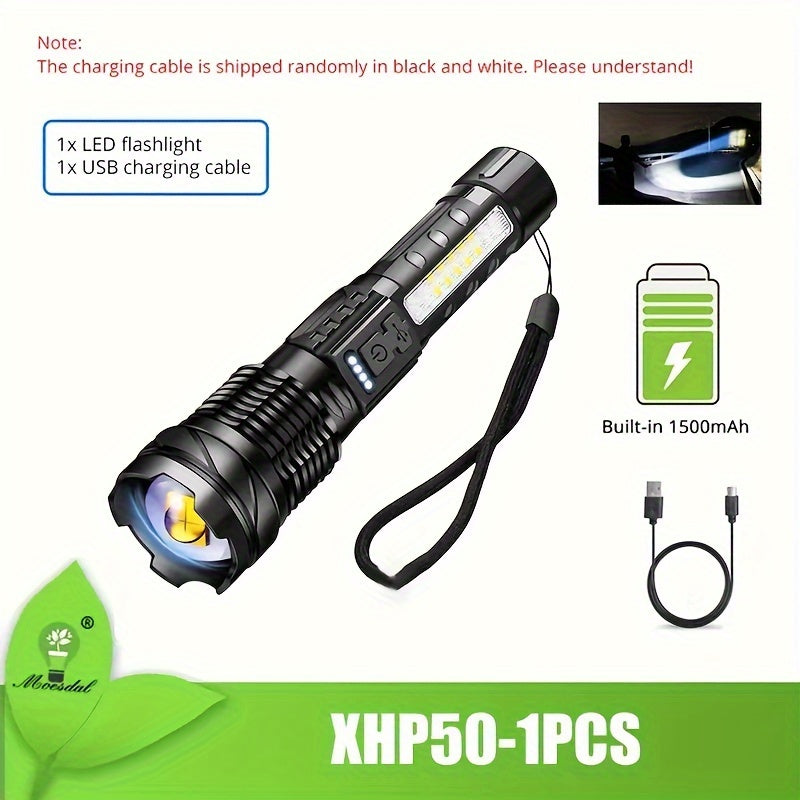 Rechargeable Waterproof Flashlight With Side Light & Zoomable Red Light