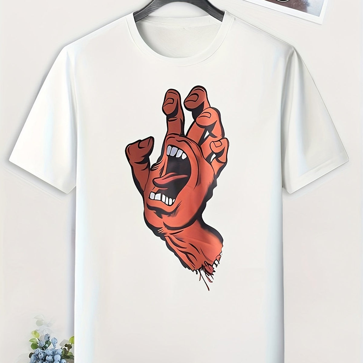 Men's Cartoon Hand Print T-Shirt Casual Comfy Crew Neck Tee