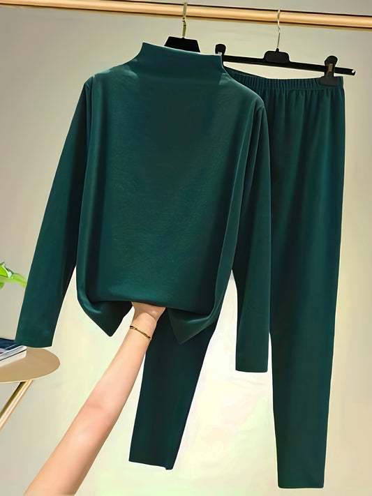 Mock Neck Long Sleeve Top & Wide Leg Pants Set Women's Clothing
