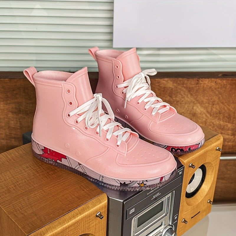 Pink Waterproof Lace-Up Platform Rain Boots for Women