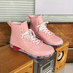 Pink Waterproof Lace-Up Platform Rain Boots for Women