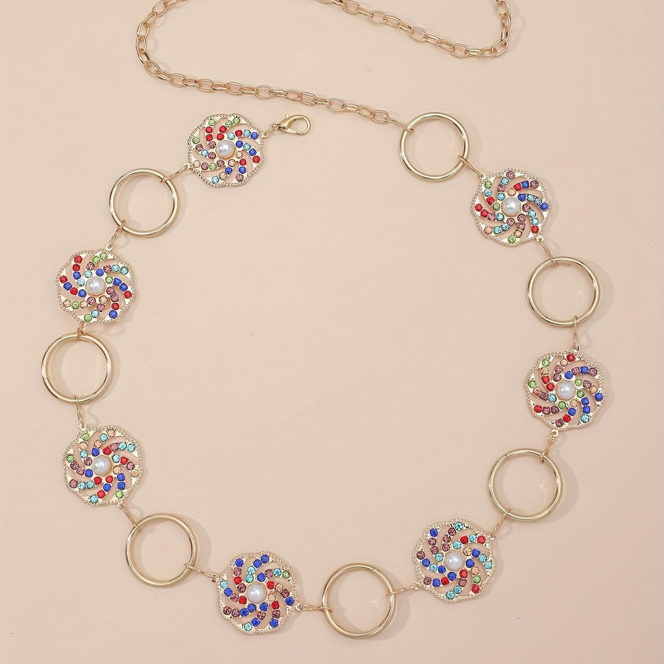 Boho Hollow Out Waist Chain Faux Pearl Rhinestone Decor Belt